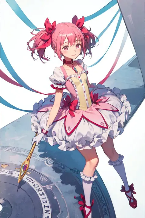 <lora:Madoka:1> MadokaAi, kaname madoka, pink eyes, pink hair, short hair, bangs, short twintails, small breasts, magical girl, rose, hair bow, hair ribbon, bow, ribbon, red ribbon, pink bow, red choker, ribbon choker, collarbone, soul gem, frills, dress, buttons, puffy sleeves, frilled sleeves, white gloves, bubble skirt, socks, shoes,
smile, abstract background, reaching towards viewer, open hand, pink and white white background, cowboy shot, bow, <lora:kuroboshi_kouhaku_style_v01:1>, absurdres, ultra detailed, masterpiece, best quality, aesthetic, detailed,