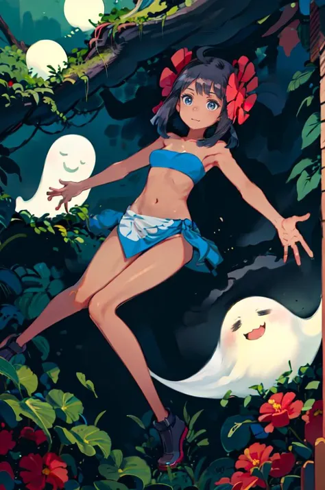 smile, (hitodama, boo tao \(genshin impact\), ghost:1.2), night, colorful, <lora:Phoebe_Pokemon:0.9> Phoebe_Pokemon, blue eyes, dark skin, very short kair, black hair, hair flower, sarong, tube top, outstretched arms, legs apart, moon, dark forest, hunted forest, <lora:kuroboshi_kouhaku_style_v01:1>, absurdres, ultra detailed, masterpiece, best quality, aesthetic, detailed,