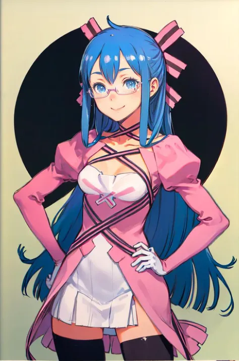 solo, <lora:Midori:1> midoridesu, blue eyes, blue hair, long hair, glasses, hair ribbon, ribbon, pink dress, black thighhighs, gloves, smile, hands on own hips, cowboy shot,  <lora:kuroboshi_kouhaku_style_v01:1>, absurdres, ultra detailed, masterpiece, best quality, aesthetic, detailed,