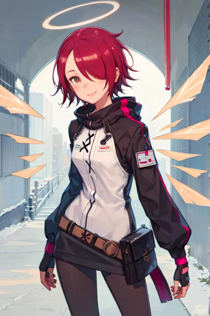 <lora:exusiai:1> exusiai, 1girl, solo, red hair, short hair, brown eyes, hair over one eye, halo, jacket, belt, black pantyhose, detached wings, black skirt, fingerless gloves, smile, <lora:kuroboshi_kouhaku_style_v01:1>, absurdres, ultra detailed, masterpiece, best quality, aesthetic, detailed,
