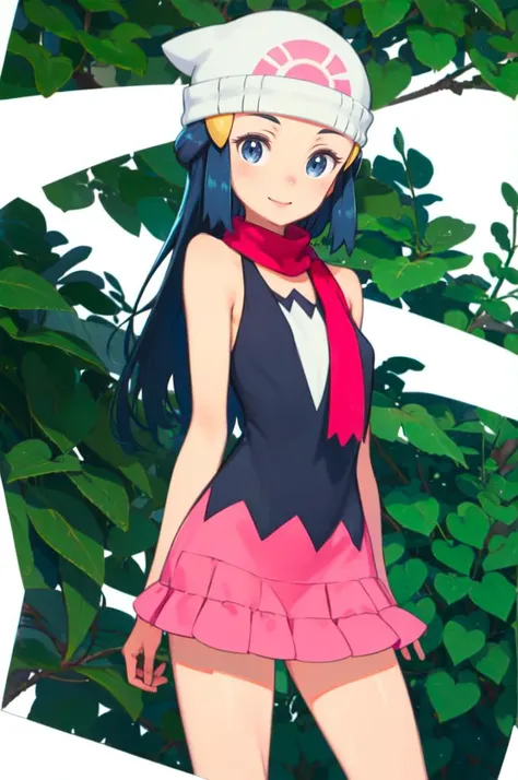 <lora:PKMN_Dawn_v1:1> pkmndawn, 1girl, blue eyes, blue hair, long hair, sidelocks, hairclip, beanie, black dress, sleeveless, pink skirt, scarf, smile, <lora:kuroboshi_kouhaku_style_v01:1>, absurdres, ultra detailed, masterpiece, best quality, aesthetic, detailed,