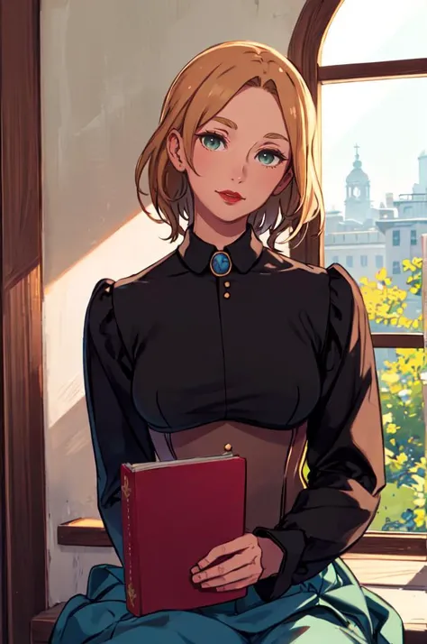 solo, smile, cowboy shot, head tilt, holding book, reading, <lora:CastlevaniaTera-v1:0.6> ChopioTera, green eyes, blonde hair, medium hair, lipstick, red lips, mature female, medium breasts, || outfit_1, black dress, brooch, gem, long sleeves, brown corset, underbust, blue skirt, bustle skirt, brown footwear, high heel boots, <lora:kuroboshi_kouhaku_style_v01:1>, absurdres, ultra detailed, masterpiece, best quality, aesthetic, detailed,