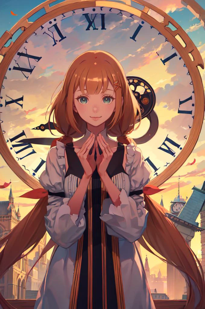 smile, straight-on, hands up, clenched hands, (clock tower:1.3), outdoors, <lora:Strelitzia:0.8> khstrelitzia, low twintails, <lora:kuroboshi_kouhaku_style_v01:1>, absurdres, ultra detailed, masterpiece, best quality, aesthetic, detailed,
