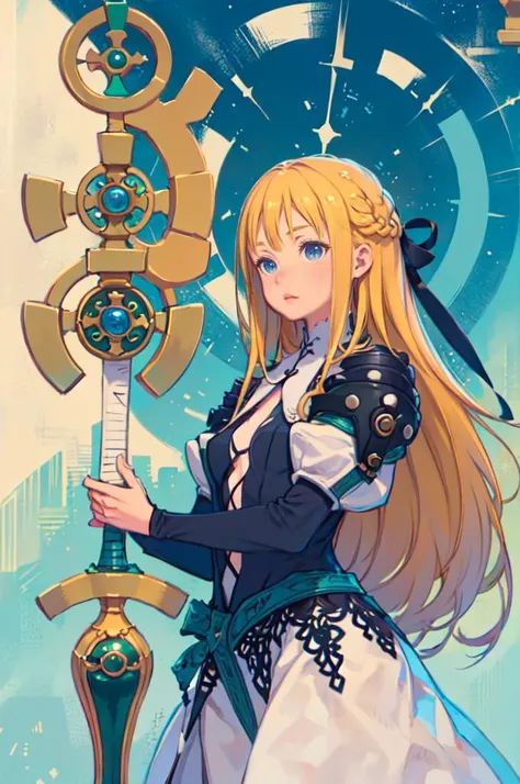 straight-on,(planted sword, hands on hilt:1.4), throne room, standing, <lora:yggdraunion_artwaltz:1> yggdra yuril artwaltz, blue eyes, blonde hair, hair ribbon, dress, armor, <lora:kuroboshi_kouhaku_style_v01:1>, absurdres, ultra detailed, masterpiece, best quality, aesthetic, detailed,