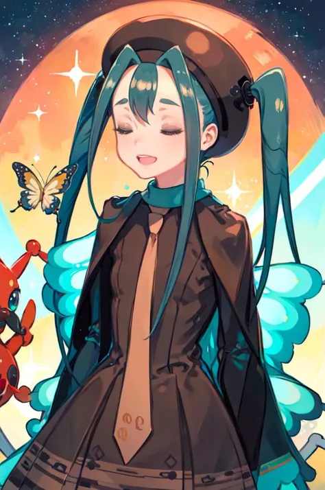 <lora:mikubug:1> mushimiku, twintails, blue hair, hat, brown dress, insect wings, necktie, black leggings, singing, night sky, closed eyes, smile,  <lora:kuroboshi_kouhaku_style_v01:1>, absurdres, ultra detailed, masterpiece, best quality, aesthetic, detailed,