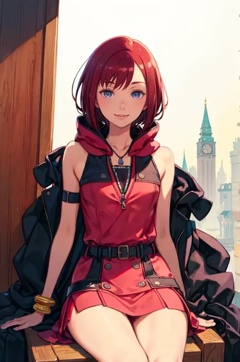 smile, sitting, throne, <lora:kairi_v1:0.7> cckairi, medium hair, necklace, bare shoulders, hoodie, buttons, sleeveless, bracelet, belt buckle, black belt, pink skirt, <lora:kuroboshi_kouhaku_style_v01:1>, absurdres, ultra detailed, masterpiece, best quality, aesthetic, detailed,