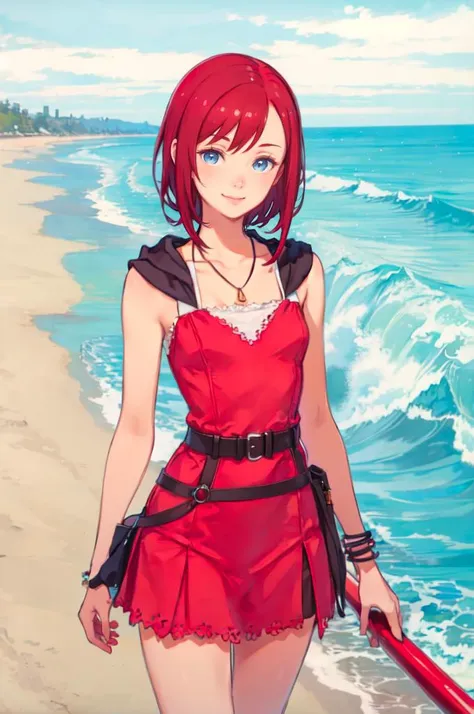 smile, wading, sea, ocean, beach, <lora:kairi_v1:0.7> bbkairi, medium hair, blue eyes, necklace, hood, short dress, pink dress, sleeveless dress, belt, <lora:kuroboshi_kouhaku_style_v01:1>, absurdres, ultra detailed, masterpiece, best quality, aesthetic, detailed,