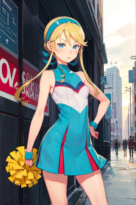 <lora:heroman_linadavis:0.9> lina davis, blue eyes, blonde hair, hairband, cheerleader, dress, bare shoulders, <lora:kuroboshi_kouhaku_style_v01:1> blush,, absurdres, ultra detailed, masterpiece, best quality, aesthetic, detailed,