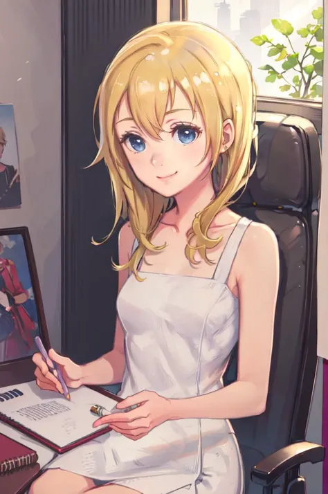 sitting, smile, holding pencil, <lora:namine_v1:0.7> aanamine, blonde hair, bare shoulders, white dress, <lora:kuroboshi_kouhaku_style_v01:1>, absurdres, ultra detailed, masterpiece, best quality, aesthetic, detailed,