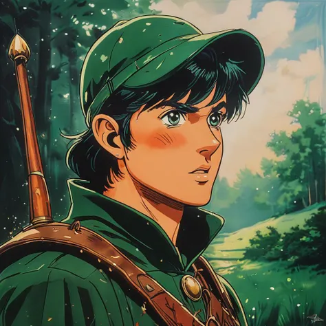 impactful paint of Robin Hood in Sherwood   <lora:Vintage_Anime:0.8>,    highly detailed,   8k,   sharp,  professional, clear,   high contrast, high saturated, , vivid deep blacks, crystal clear