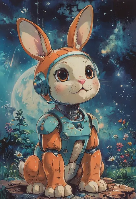 illustration of a cute cartoon character, a clever robot bunny ,  space on the background,  (((masterpiece))), (best quality),  detailed  ,   <lora:Vintage_Anime:1>