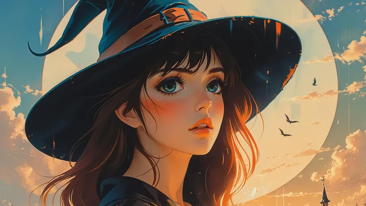 digital art, gorgeous (Girl:1.1) , dressed in Witch hat, UHD, Wide view, masterpiece, side lit, absurdres, arthouse, by greg rutkowski, loish, rhads, ferdinand knab, makoto shinkai, lois van baarle, ilya kuvshinov, rossdraws, tom bagshaw and alphonse mucha, close-up, <lora:Vintage_Anime:0.6>