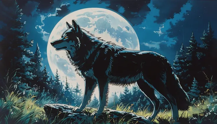 impactful paint of A wolf under a full moon <lora:Vintage_Anime:0.8>, highly detailed, 8k, sharp, professional, clear, high contrast, high saturated, , vivid deep blacks, crystal clear