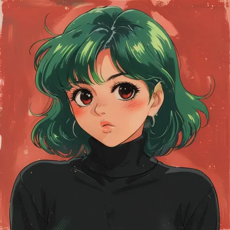 1girl, black turtleneck sweater, big booba \(meme\) green streaked hair, simple background, red background, <lora:Vintage_Anime:1>