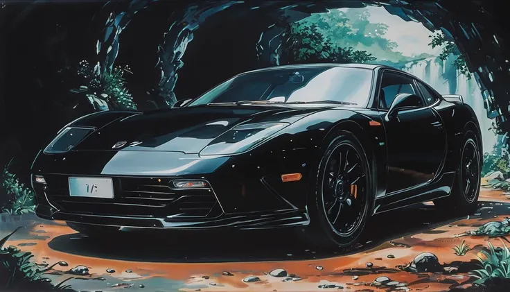 impactful paint of a black Car in a cave <lora:Vintage_Anime:0.8>, highly detailed, 8k, sharp, professional, clear, high contrast, high saturated, , vivid deep blacks, crystal clear