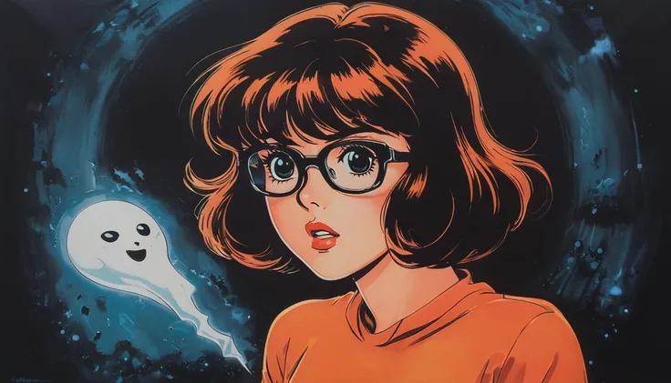 impactful paint of Velma Dinkley with a ghost <lora:Vintage_Anime:0.8>, highly detailed, 8k, sharp, professional, clear, high contrast, high saturated, , vivid deep blacks, crystal clear