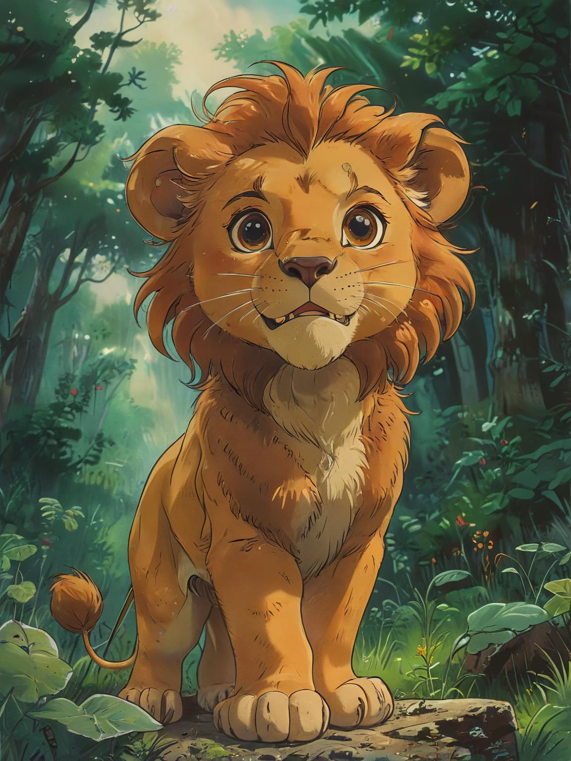 a cute cartoon character, a brave lion, exploring a magical forest, dynamic pose, ((masterpiece)), (best quality), detailed , <lora:Vintage_Anime:0.8>