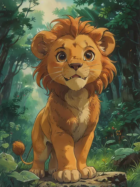 a cute cartoon character, a brave lion, exploring a magical forest, dynamic pose, ((masterpiece)), (best quality), detailed ,    <lora:Vintage_Anime:0.8>