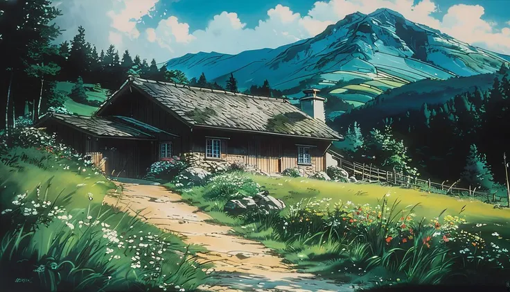 impactful paint of a mountain cottage <lora:Vintage_Anime:0.8>, highly detailed, 8k, sharp, professional, clear, high contrast, high saturated, , vivid deep blacks, crystal clear