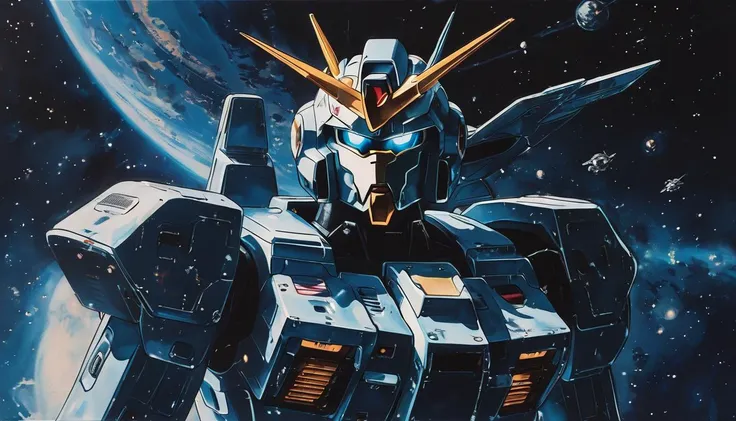 impactful paint of Gundam in space  <lora:Vintage_Anime:0.8>,    highly detailed,   8k,   sharp,  professional, clear,   high contrast, high saturated, , vivid deep blacks, crystal clear