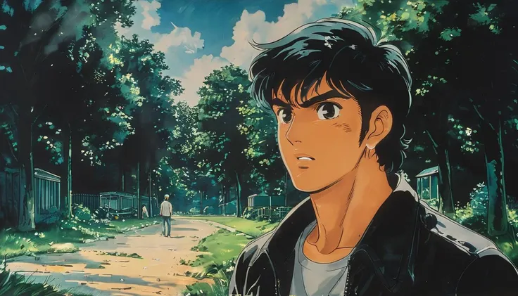 impactful paint of a man in a park <lora:Vintage_Anime:1>, highly detailed, 8k, sharp, professional, clear, high contrast, high saturated, , vivid deep blacks, crystal clear
