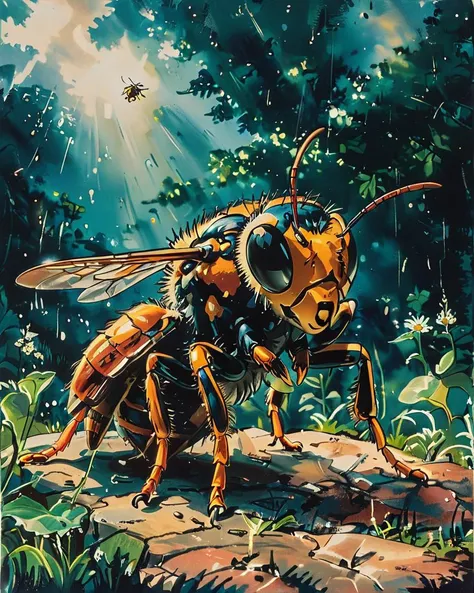 photograph, Hornet, spotlight, Sony A9 II, F/8, very detailed, amazing quality, intricate, cinematic light, highly detail, beautiful, surreal, dramatic  <lora:Vintage_Anime:1>