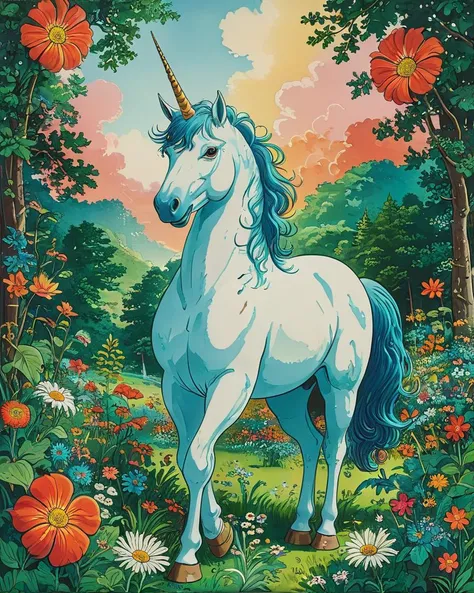 breathtaking Josef Frank style artwork Unicorn . Satirical, exaggerated, pop art style, vibrant colors, iconic characters, action-packed <lora:Vintage_Anime:0.6> . award-winning, professional, highly detailed