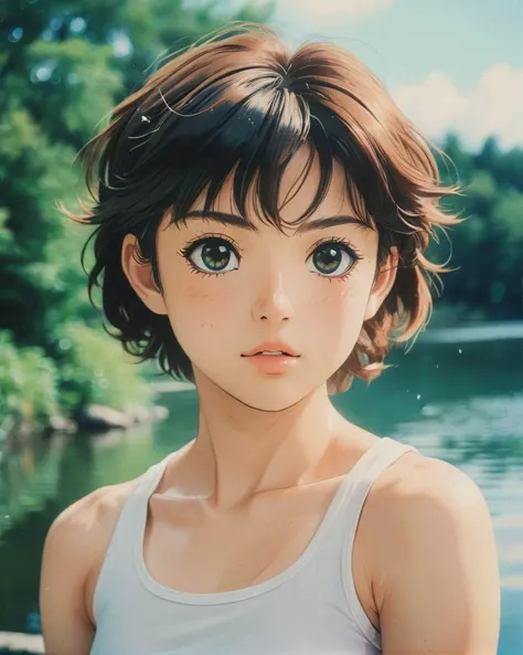 photograph, portrait, close up of a Honorable muscular Emmanuella, lake, Yume Kawaii, Kodak portr400, 80mm, anime style <lora:Vintage_Anime:0.6>
