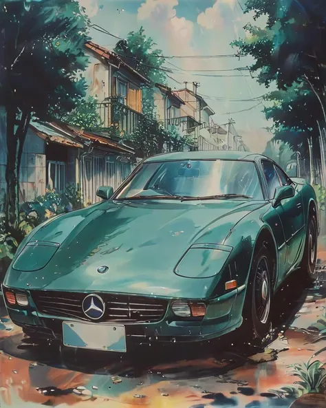 Vintage Anime of a Mercedes-Benz, covered in Oil, Bokeh, [ (art by Barry McGee:1.0) , Felipe Pantone::4], Joyful, Alternative Art, <lora:Vintage_Anime:1>