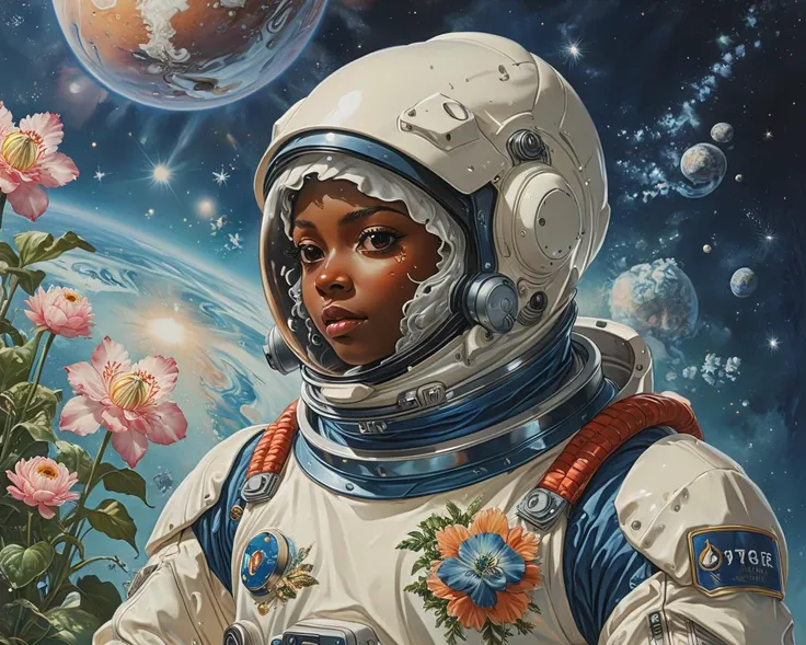 digital art, Oyster, the Oyster is wearing Ghanaian space suit, photolab, stylized by Joseph Christian Leyendecker, WLOP, Boris Vallejo, pixiv, Ultra Detailed, Floral motives, Best quality, highly detailed, intricate details, <lora:Vintage_Anime:0.5>