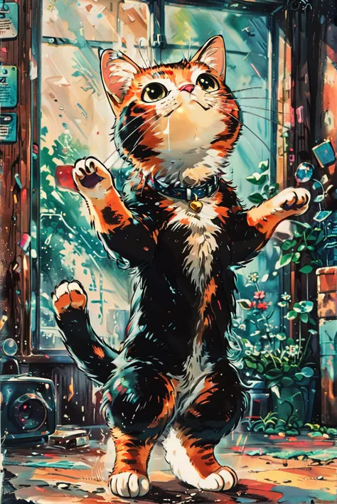 A dancing cat, solo, looking at viewer,   <lora:Vintage_Anime:1>,, masterpiece,best quality,extremely detailed,award-winning,professional,highly detailed,fine details,official art,unity 8k wallpaper,4K,8K,UHD,macro details, comic,graphic illustration,comic art,graphic novel art,vibrant