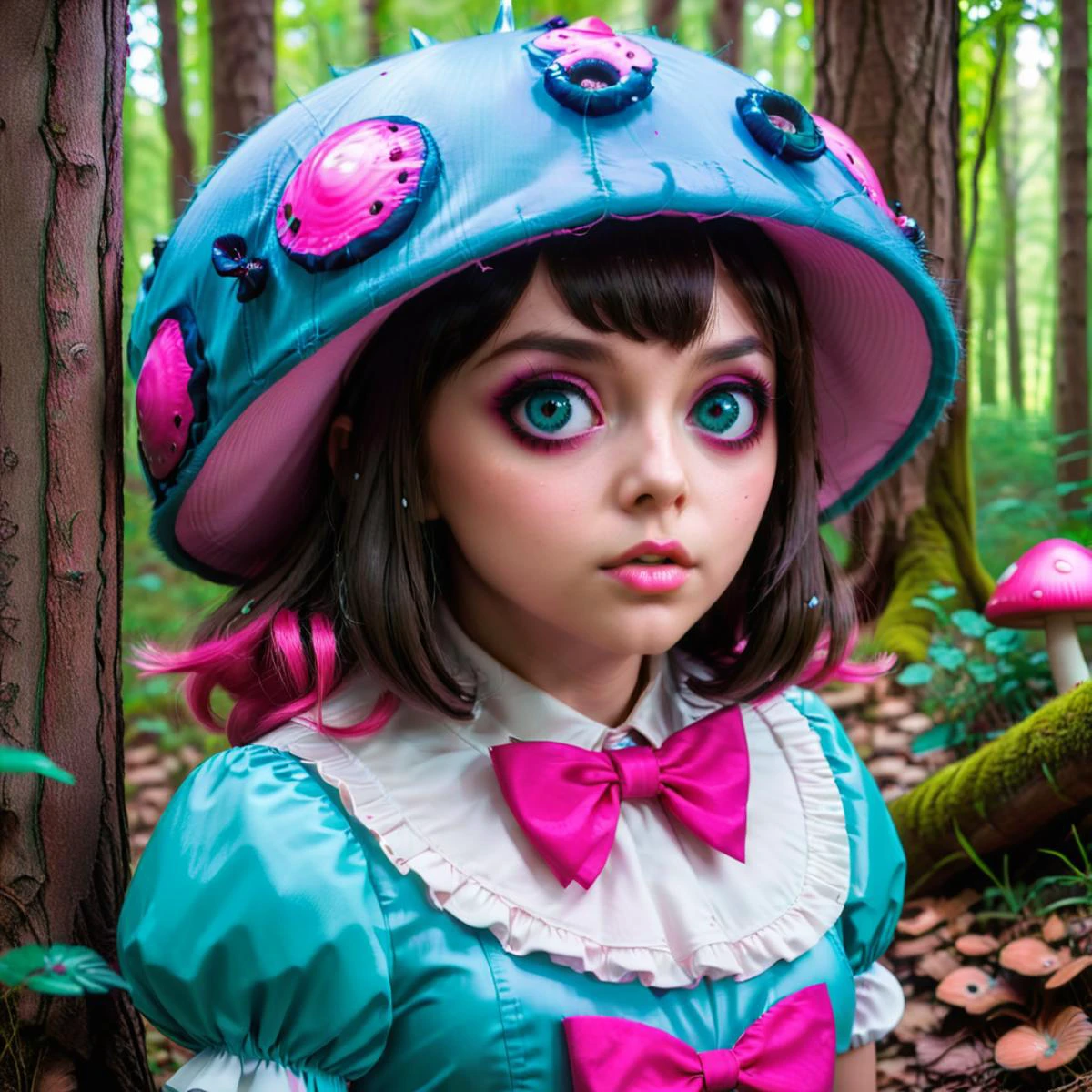 <lora:add-detail-xl:0.8>dressed as alice in the woods, in the style of dark cyan and pink, mushroomcore, dynamic anime, light turquoise and dark brown, uhd image, dark aquamarine and red, porcelain <lora:Aether_Glitch_v1_LoRA (1):1> <lora:pasteldark:1> <lora:Next_Fashion:1> <lora:bigeyes-xl-v1:0.1> big eyes, anime eyes