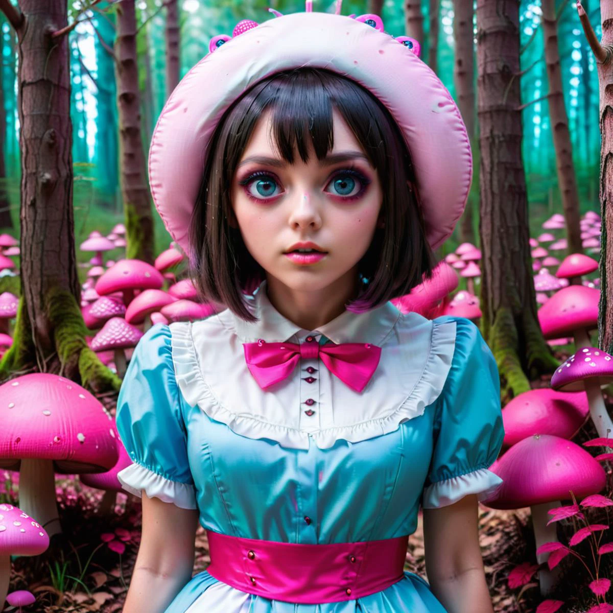 <lora:add-detail-xl:0.8>dressed as alice in the woods, in the style of dark cyan and pink, mushroomcore, dynamic anime, light turquoise and dark brown, uhd image, dark aquamarine and red, porcelain <lora:Aether_Glitch_v1_LoRA (1):1> <lora:pasteldark:1> <lora:Next_Fashion:1> <lora:bigeyes-xl-v1:0.1> big eyes, anime eyes
