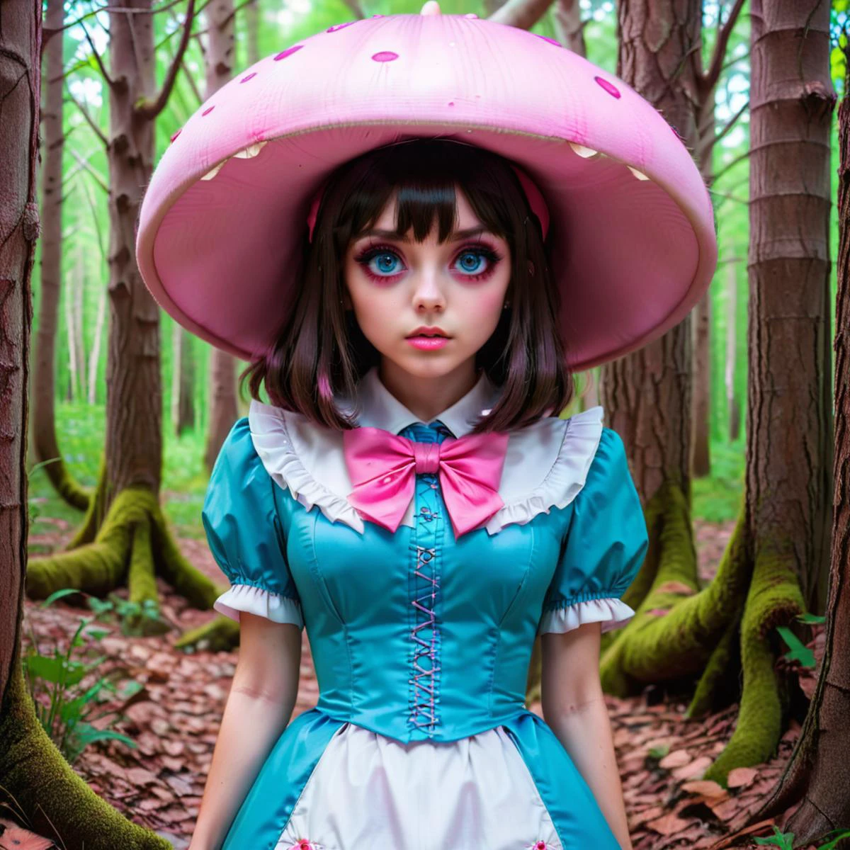 <lora:add-detail-xl:0.8>dressed as alice in the woods, in the style of dark cyan and pink, mushroomcore, dynamic anime, light turquoise and dark brown, uhd image, dark aquamarine and red, porcelain <lora:Aether_Glitch_v1_LoRA (1):1> <lora:pasteldark:1> <lora:Next_Fashion:1> <lora:bigeyes-xl-v1:0.1> big eyes, anime eyes