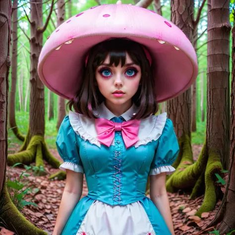 <lora:add-detail-xl:0.8>dressed as alice in the woods, in the style of dark cyan and pink, mushroomcore, dynamic anime, light turquoise and dark brown, uhd image, dark aquamarine and red, porcelain <lora:Aether_Glitch_v1_LoRA (1):1> <lora:pasteldark:1> <lora:Next_Fashion:1>  <lora:bigeyes-xl-v1:0.1> big eyes, anime eyes