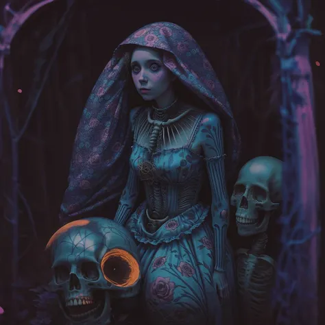 <lora:add-detail-xl:0.8> woman wears a dress with skeletons behind her, in the style of jessica drossin, disturbingly whimsical, pastel-colored scenes, uhd image, tim burton, bruno walpoth, afro-caribbean influence, cinematic quality, cinematic lighting, 128k, 1080p, hyper realistic details, Canon EOS 1200p, neon, black light, DSLR, maxim <lora:Aether_Glitch_v1_LoRA (1):1> <lora:pasteldark:1> <lora:Next_Fashion:1> <lora:bigeyes-xl-v1:0.1> big eyes, anime eyes
