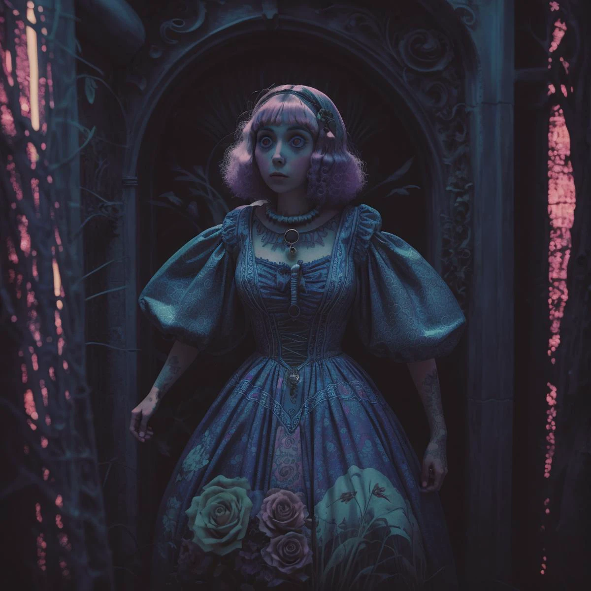 <lora:add-detail-xl:0.8> woman wears a dress with skeletons behind her, in the style of jessica drossin, disturbingly whimsical, pastel-colored scenes, uhd image, tim burton, bruno walpoth, afro-caribbean influence, cinematic quality, cinematic lighting, 128k, 1080p, hyper realistic details, Canon EOS 1200p, neon, black light, DSLR, maxim <lora:Aether_Glitch_v1_LoRA (1):1> <lora:pasteldark:1> <lora:Next_Fashion:1> <lora:bigeyes-xl-v1:0.1> big eyes, anime eyes