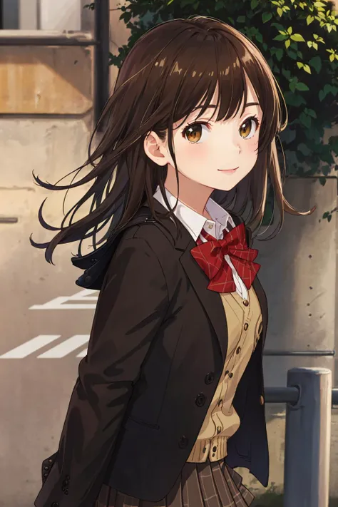 looking at viewer, from side,  looking to the side, upper body,1girl, solo, school uniform, blazer, brown hair, plaid skirt, long sleeves, bangs, open clothes, open jacket, brown eyes, pleated skirt, long hair, bush, red bow, closed mouth, sleeves past wrists, red bowtie, black jacket, blush, brown skirt, hand up, collared shirt, miniskirt, white shirt, cardigan, sweater, light smile, outdoors, day, <lora:ogiwara_sayu_v1:0.7>
