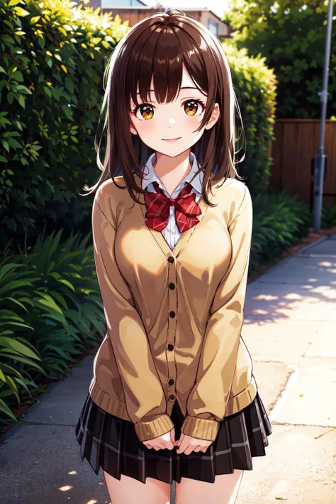 masterpiece, best quality, highres, 1girl, brown hair, long hair, bangs, brown eyes, , red bowtie, brown cardigan, white shirt, black skirt, plaid skirt, <lora:ogiwara_sayu_v1:0.6>, smile, cowboy shot, standing, arms at sides, straight-on, outdoors