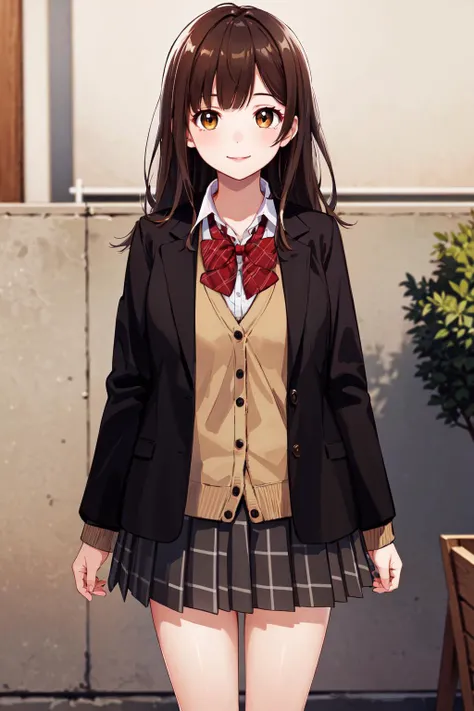 masterpiece, best quality, highres, 1girl, brown hair, long hair, bangs, brown eyes, medium breasts, red bowtie, school uniform, black jacket, open jacket, brown cardigan, white shirt, black skirt, plaid skirt, <lora:ogiwara_sayu_v1:0.6>, arms at sides, standing, indoors, cowboy shot, smile, outdoors