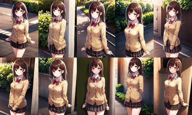 masterpiece, best quality, highres, 1girl, brown hair, long hair, bangs, brown eyes, medium breasts, red bowtie, brown cardigan, white shirt, black skirt, plaid skirt, <lora:ogiwara_sayu_v1:0.6>, smile, cowboy shot, standing, arms at sides, straight-on, outdoors