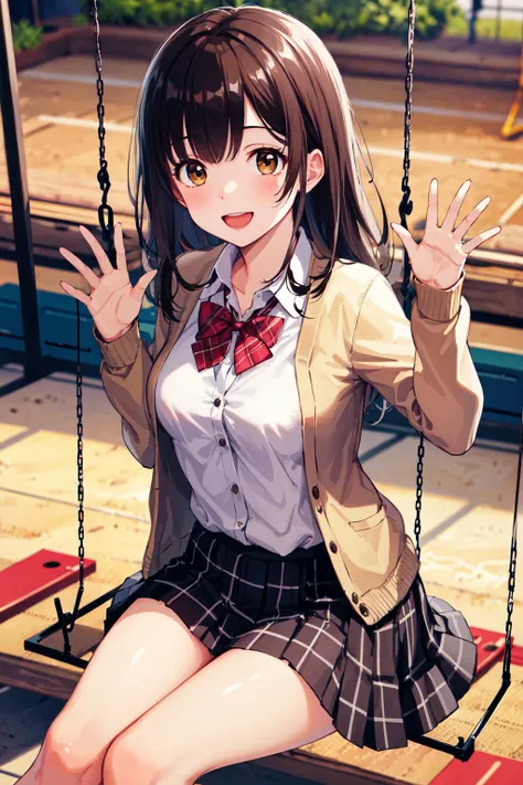 masterpiece, best quality, highres, 1girl, brown hair, long hair, bangs, brown eyes, medium breasts, red bowtie, brown cardigan, white shirt, black skirt, plaid skirt, <lora:ogiwara_sayu_v1:0.6>, playground, swing, sitting, waving, open mouth, smile,