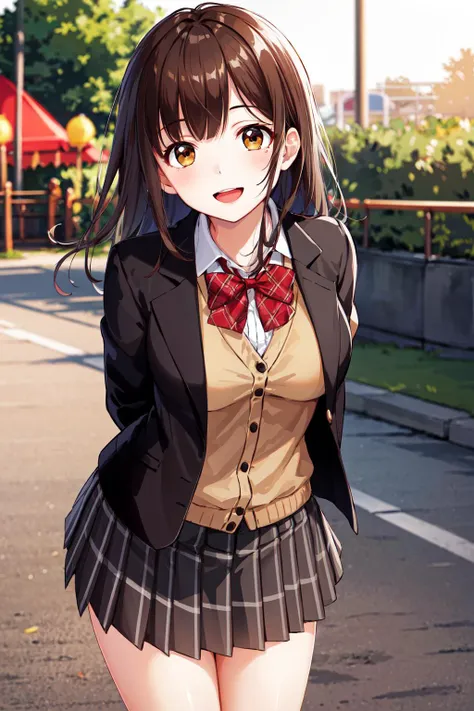 masterpiece, best quality, highres, 1girl, brown hair, long hair, bangs, brown eyes, medium breasts, red bowtie, school uniform, black jacket, open jacket, brown cardigan, white shirt, black skirt, plaid skirt, <lora:ogiwara_sayu_v1:0.6>, smile, open mouth, arms behind back, leaning forward, amusement park,