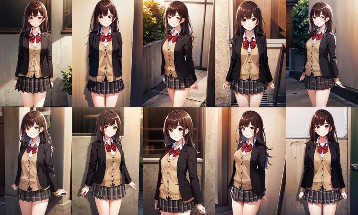 masterpiece, best quality, highres, 1girl, brown hair, long hair, bangs, brown eyes, medium breasts, red bowtie, school uniform, black jacket, open jacket, brown cardigan, white shirt, black skirt, plaid skirt, <lora:ogiwara_sayu_v1:0.6>, arms at sides, standing, indoors, cowboy shot, smile, outdoors