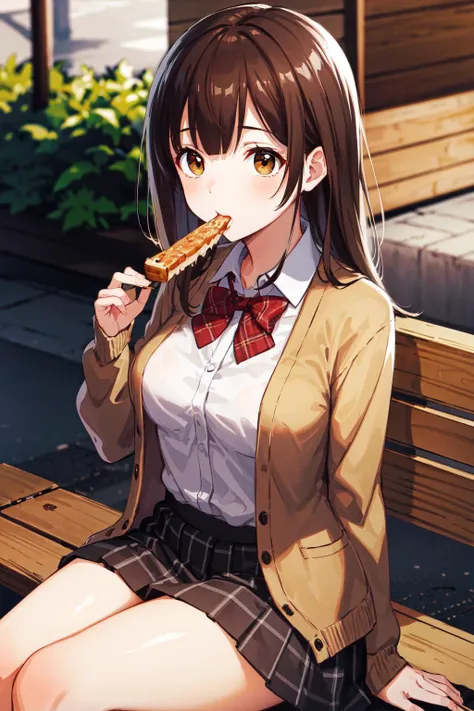 masterpiece, best quality, highres, 1girl, brown hair, long hair, bangs, brown eyes, medium breasts, red bowtie, brown cardigan, white shirt, black skirt, plaid skirt, <lora:ogiwara_sayu_v1:0.6>, sitting, bench, eating, food, outdoors