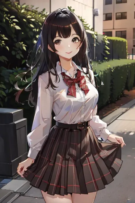 masterpiece, best quality, high-res, 1girl, black hair, long hair, bangs, brown eyes, nice breasts, white shirt, black skirt, plaid skirt, <lora:ogiwara_sayu_v1:0.6>, outdoors, smiling