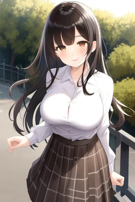 masterpiece, best quality, high-res, 1girl, black hair, long hair, bangs, brown eyes, nice breasts, white shirt, black skirt, plaid skirt, <lora:ogiwara_sayu_v1:0.6>, outdoors, smiling