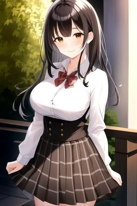 masterpiece, best quality, high-res, 1girl, black hair, long hair, bangs, brown eyes, nice breasts, white shirt, black skirt, plaid skirt, <lora:ogiwara_sayu_v1:0.6>, outdoors, smiling, shy