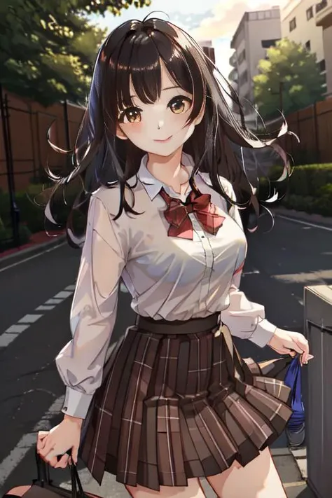 masterpiece, best quality, high-res, 1girl, black hair, long hair, bangs, brown eyes, nice breasts, white shirt, black skirt, plaid skirt, <lora:ogiwara_sayu_v1:0.6>, outdoors, smiling
