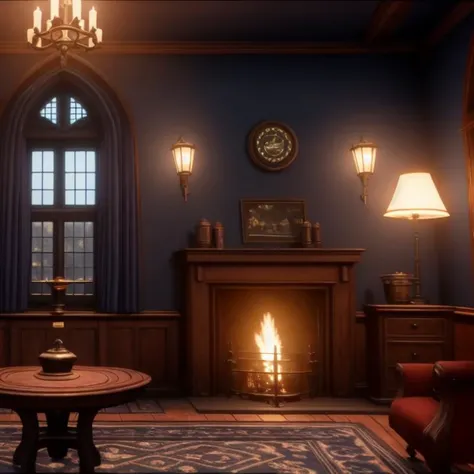 (inside common room, fireplace,ravenclaw,blue) dark,(wide view),(H0GLEGACY),(1800s),(dusk),(magical:1.3)